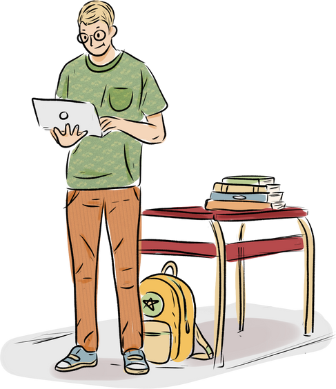 Loose Scribbly Patterned School Teen Boy Full Body Holding Laptop